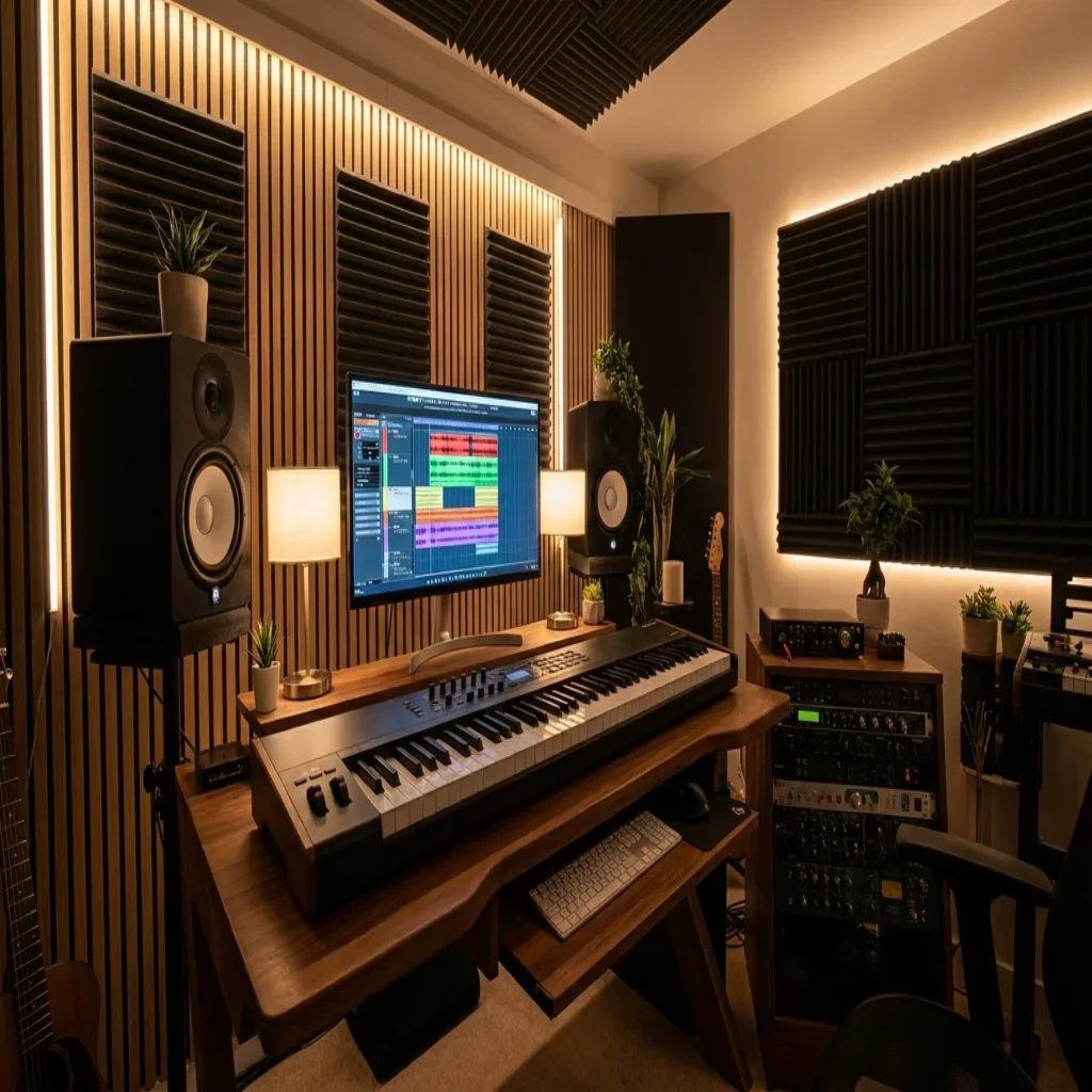 Modern home music production studio with monitor displaying waveform visualizations and MIDI keyboard