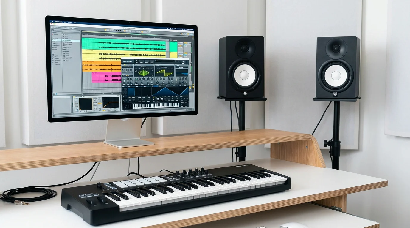 Modern music production studio with virtual synthesizer plugins displayed on a computer screen