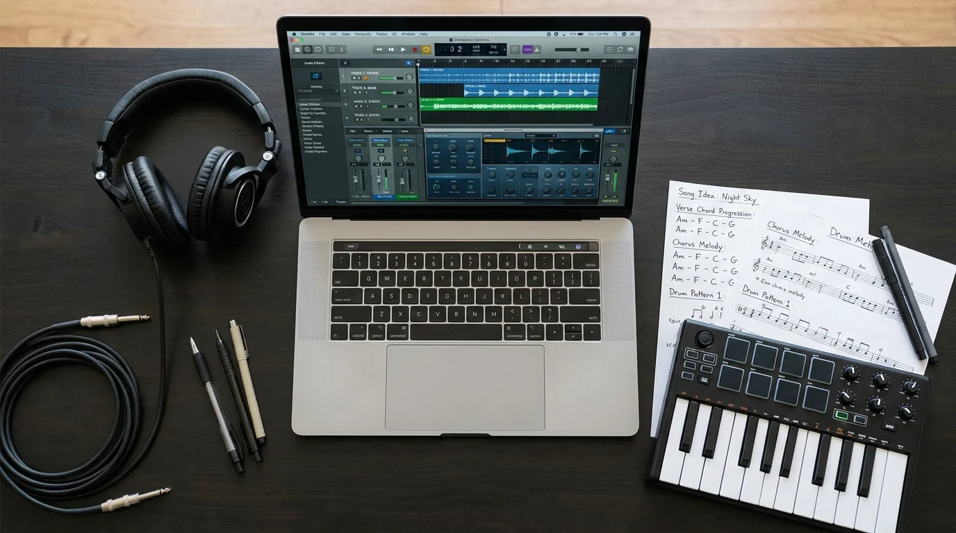 Flat lay of a music production workspace with laptop, headphones, and MIDI controller