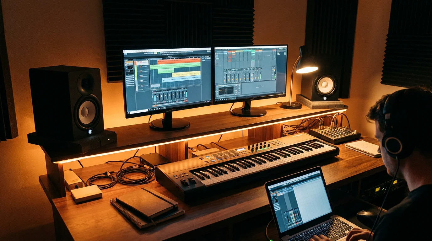 Professional home studio setup with DAW interface on screen and MIDI keyboard for music production