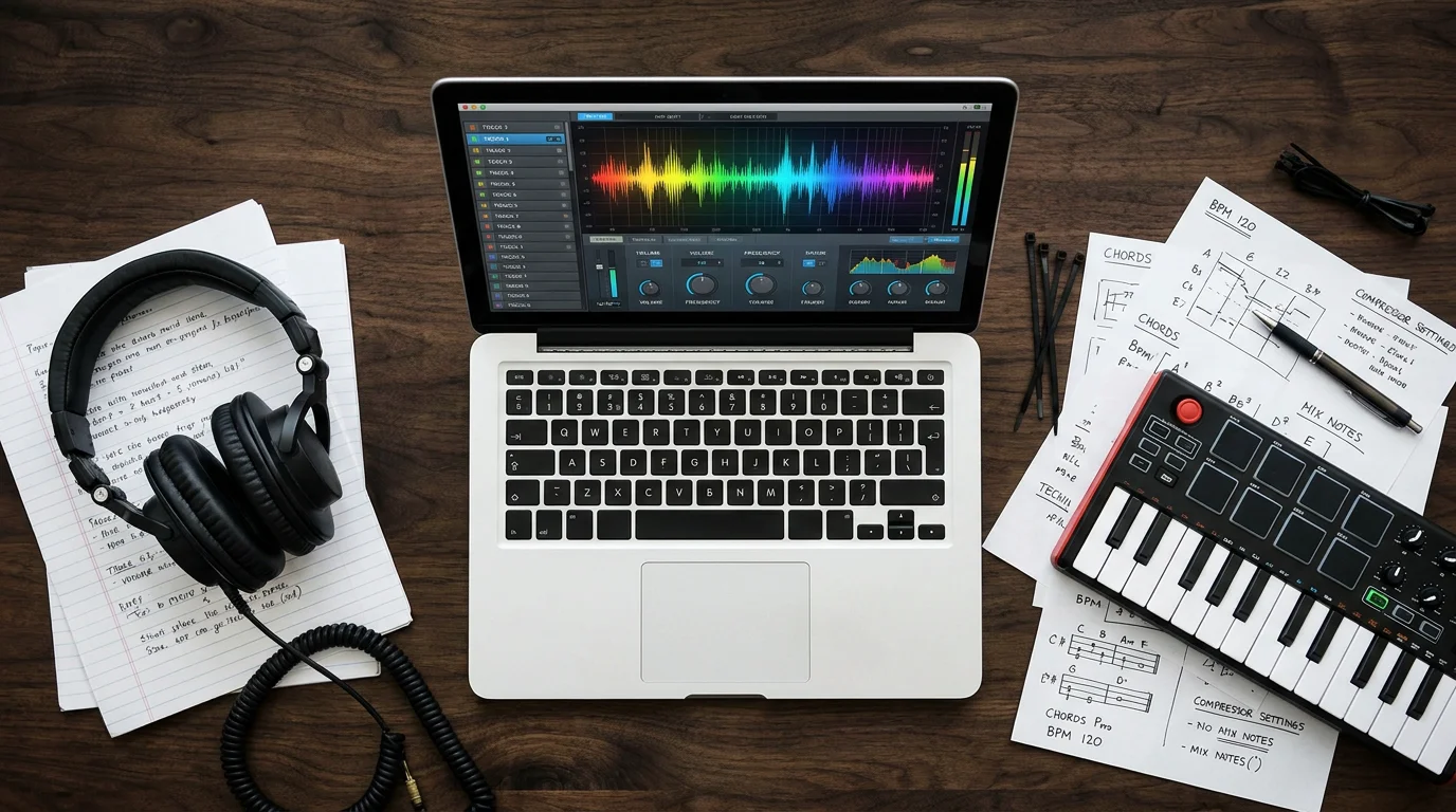 Flat lay of music production gear including headphones, MIDI controller, and laptop with equalizer