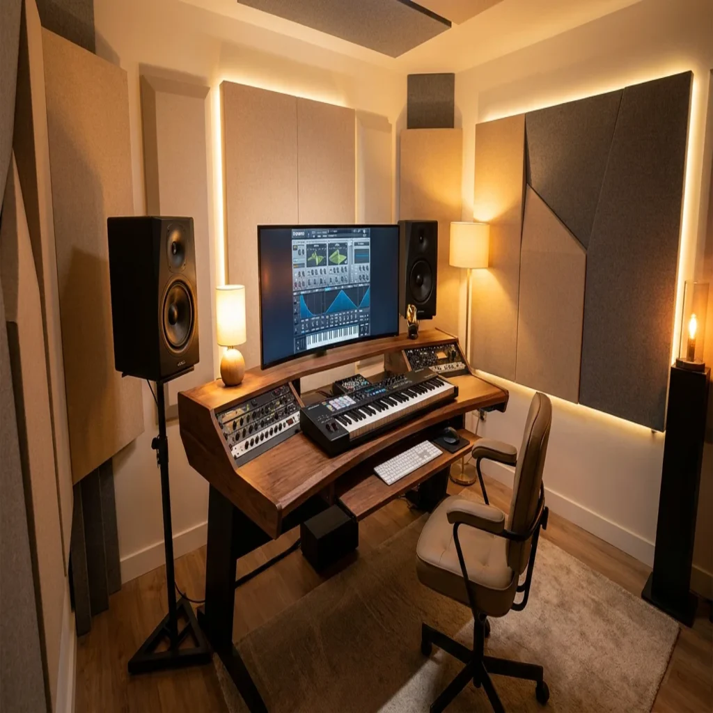 Modern home music production studio with monitors and MIDI keyboard setup