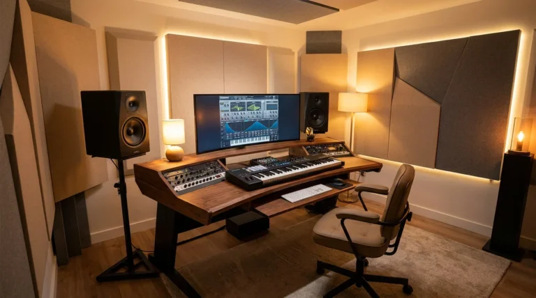 Modern home music production studio with monitors and MIDI keyboard setup
