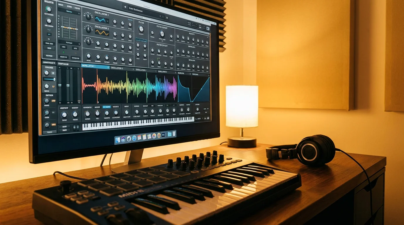 Music production studio setup with MIDI controller and synthesizer plugin on screen