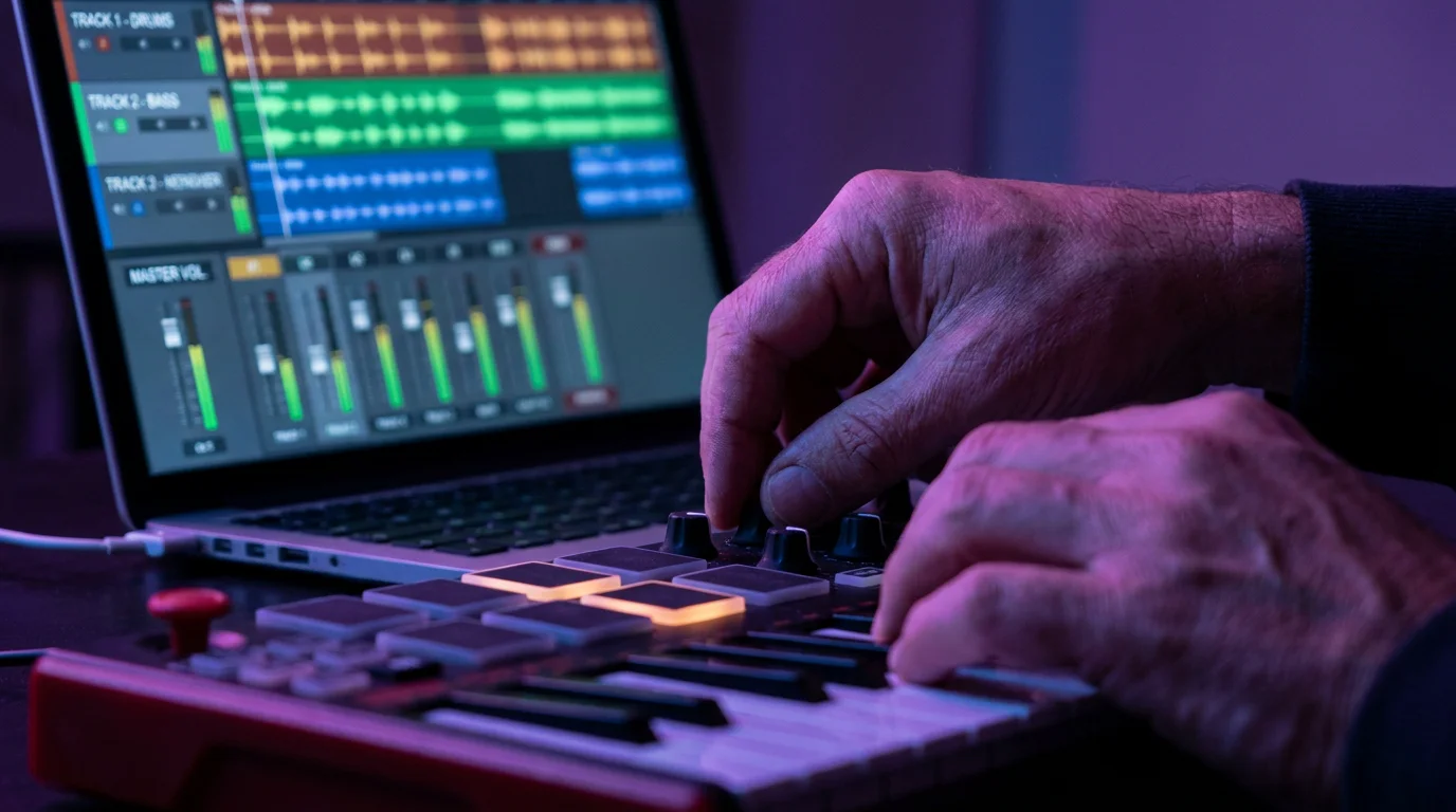 Producer adjusting MIDI controller knobs with DAW visible on laptop screen