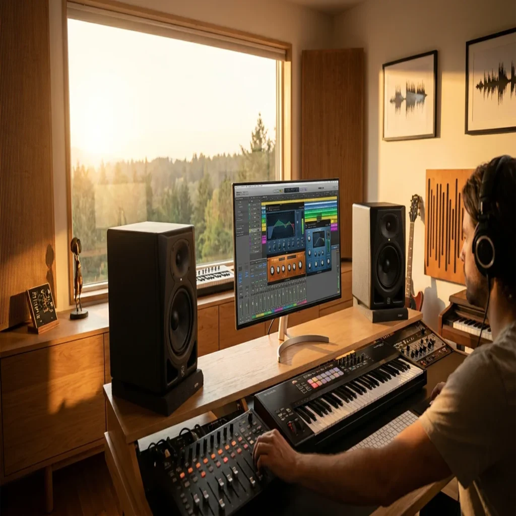 Modern home music studio setup with audio effect plugins displayed on a monitor