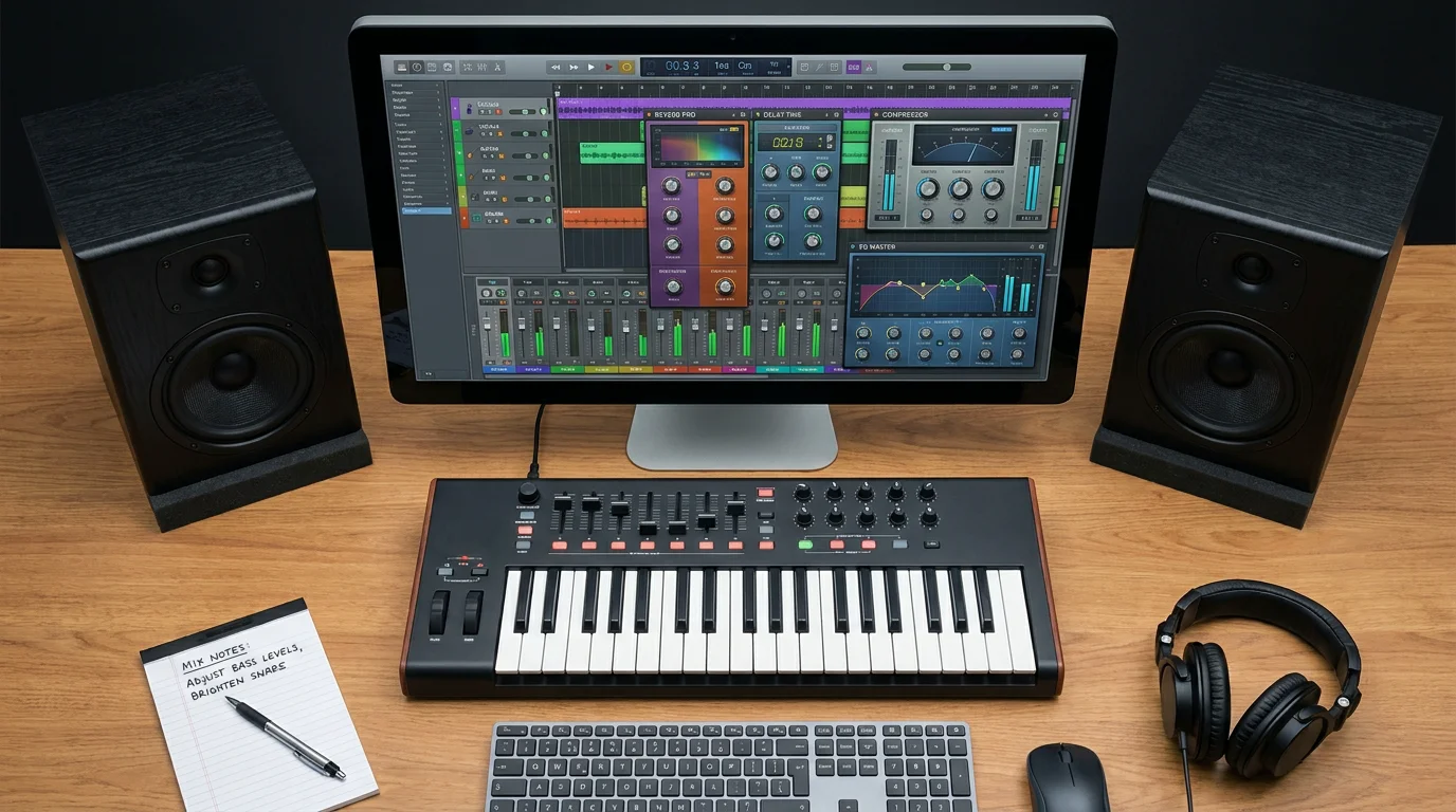Music producer studio desk with a DAW and effect plugins on screen