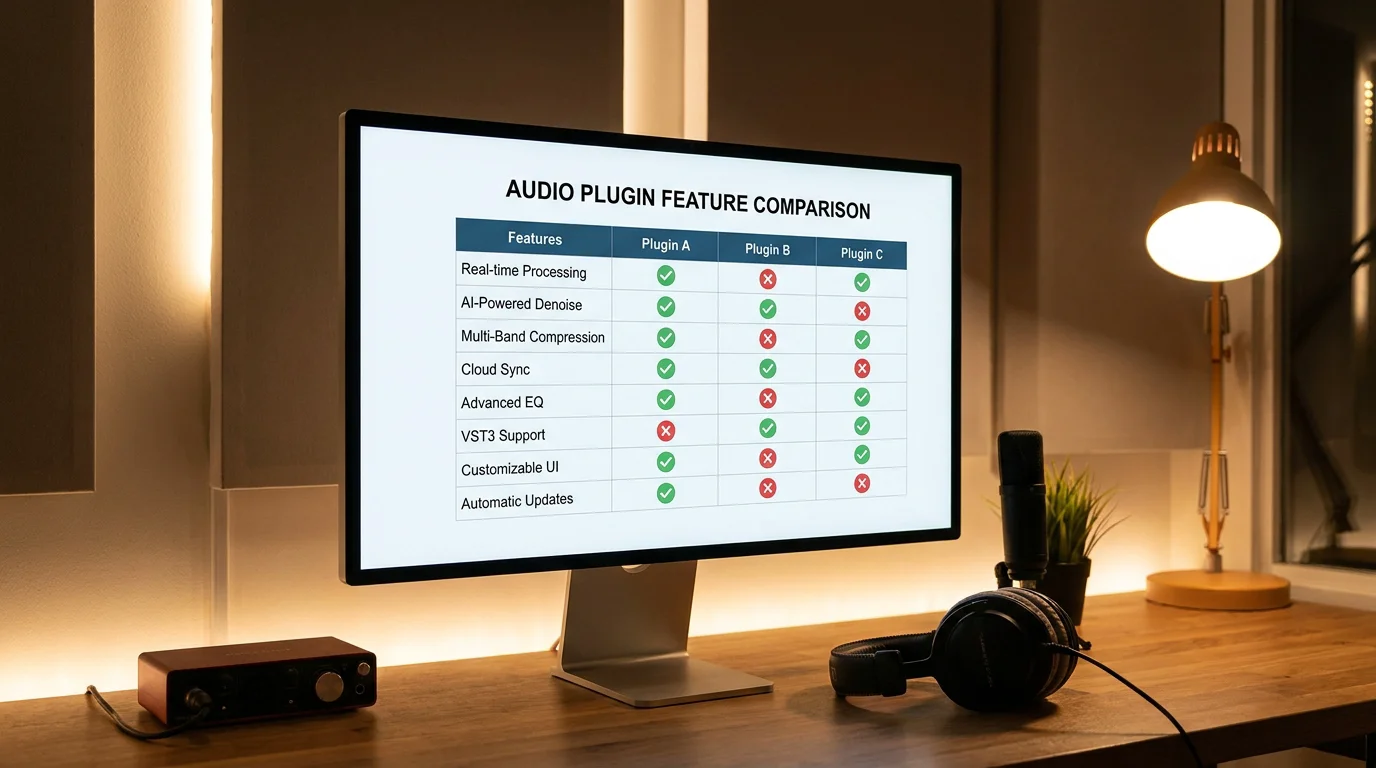 Comparison chart of audio plugin bundles displayed on a studio monitor