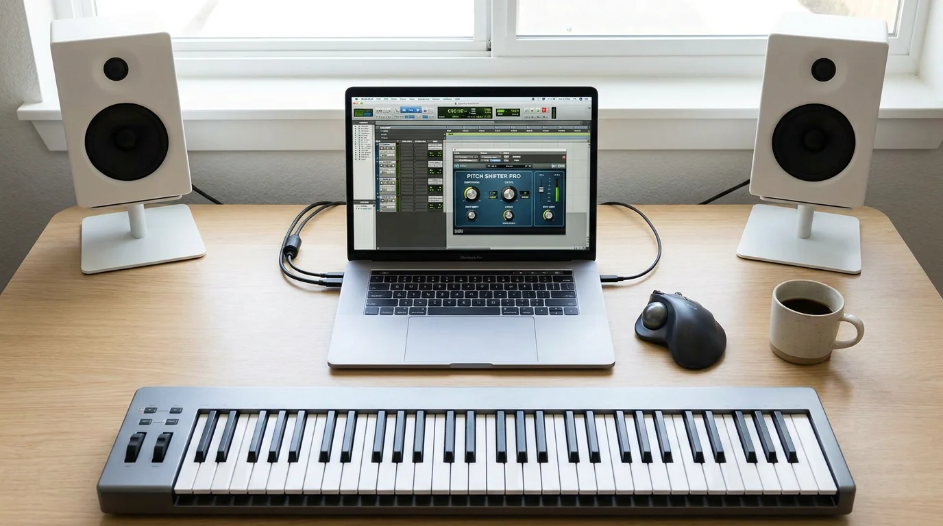 Music production desk with DAW and pitch shifter plugin interface on screen