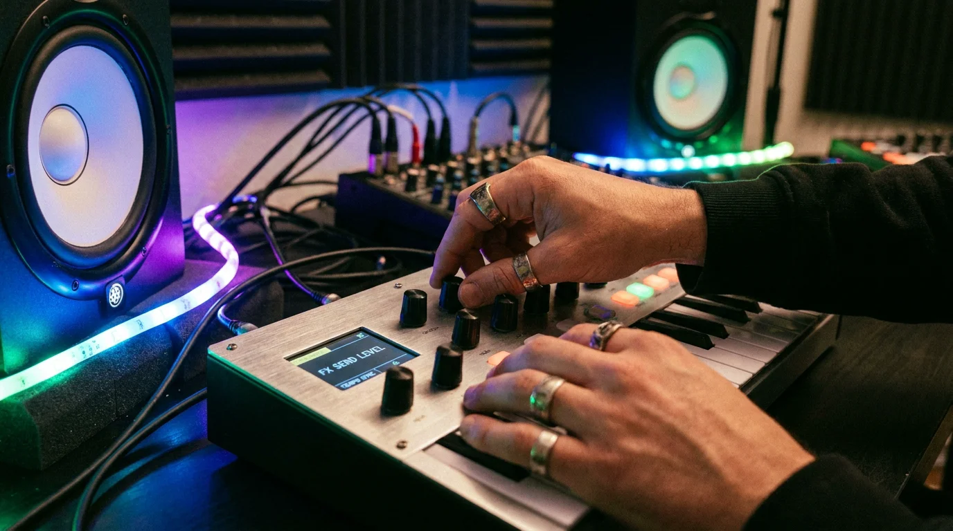 Producer adjusting MIDI controller knobs in a home studio with LED lighting