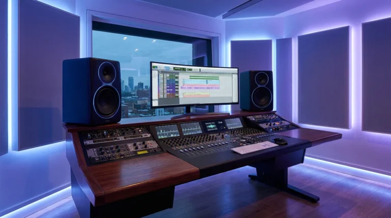 Professional music production studio workspace with monitors and mixing console