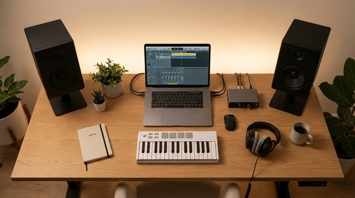 Modern home music production setup with laptop DAW, studio monitors, and MIDI keyboard