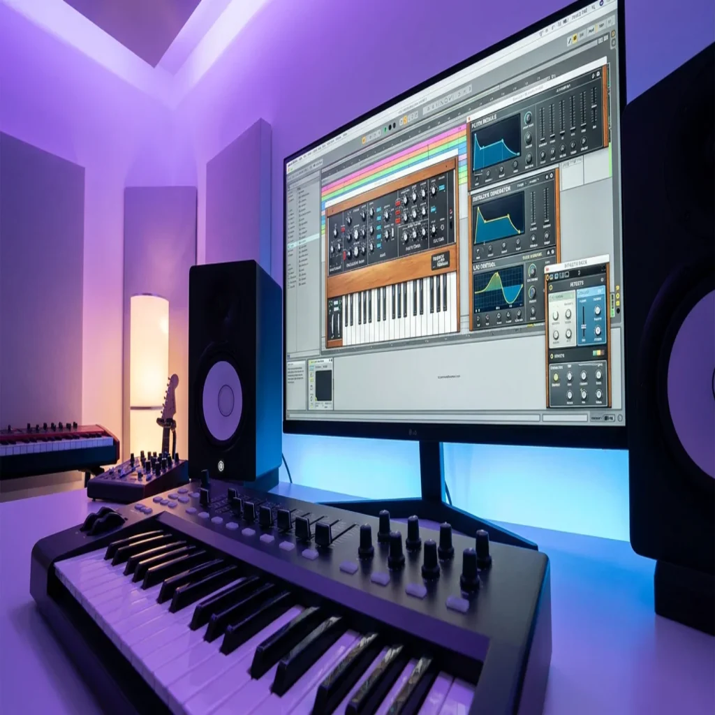 Modern music production studio with a DAW interface, MIDI keyboard, and studio monitors under ambient lighting