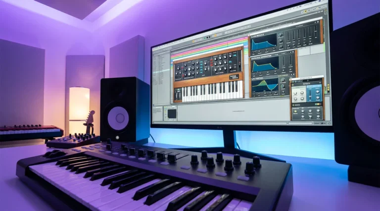 Modern music production studio with a DAW interface, MIDI keyboard, and studio monitors under ambient lighting