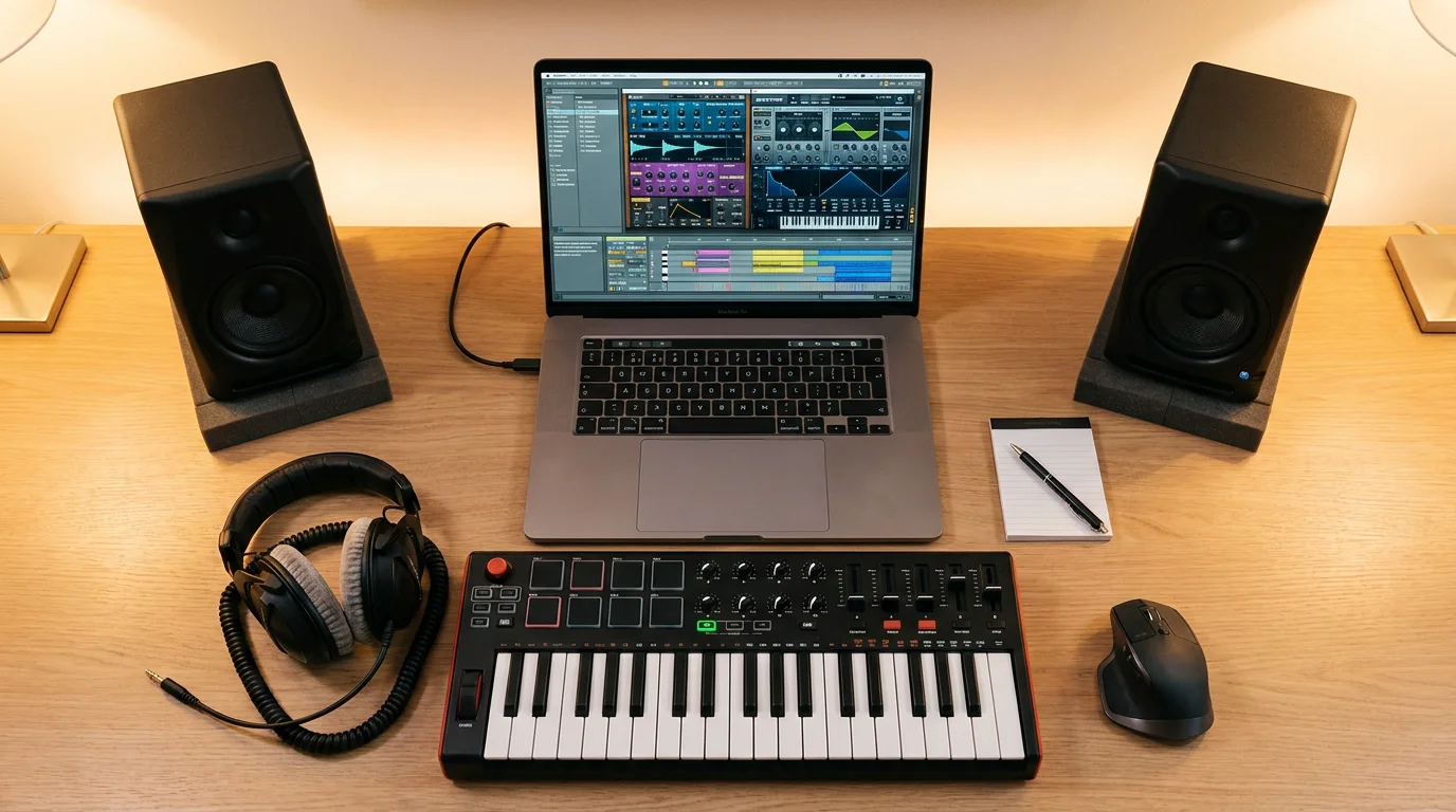 Home studio desk with laptop running a digital audio workstation, MIDI keyboard, and studio monitors