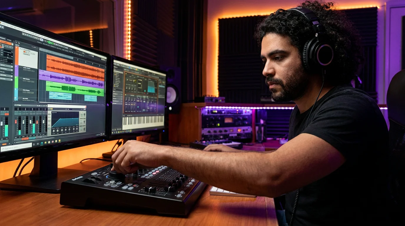 Music producer adjusting a MIDI controller in a dimly lit studio with synthesizer plugins on screen