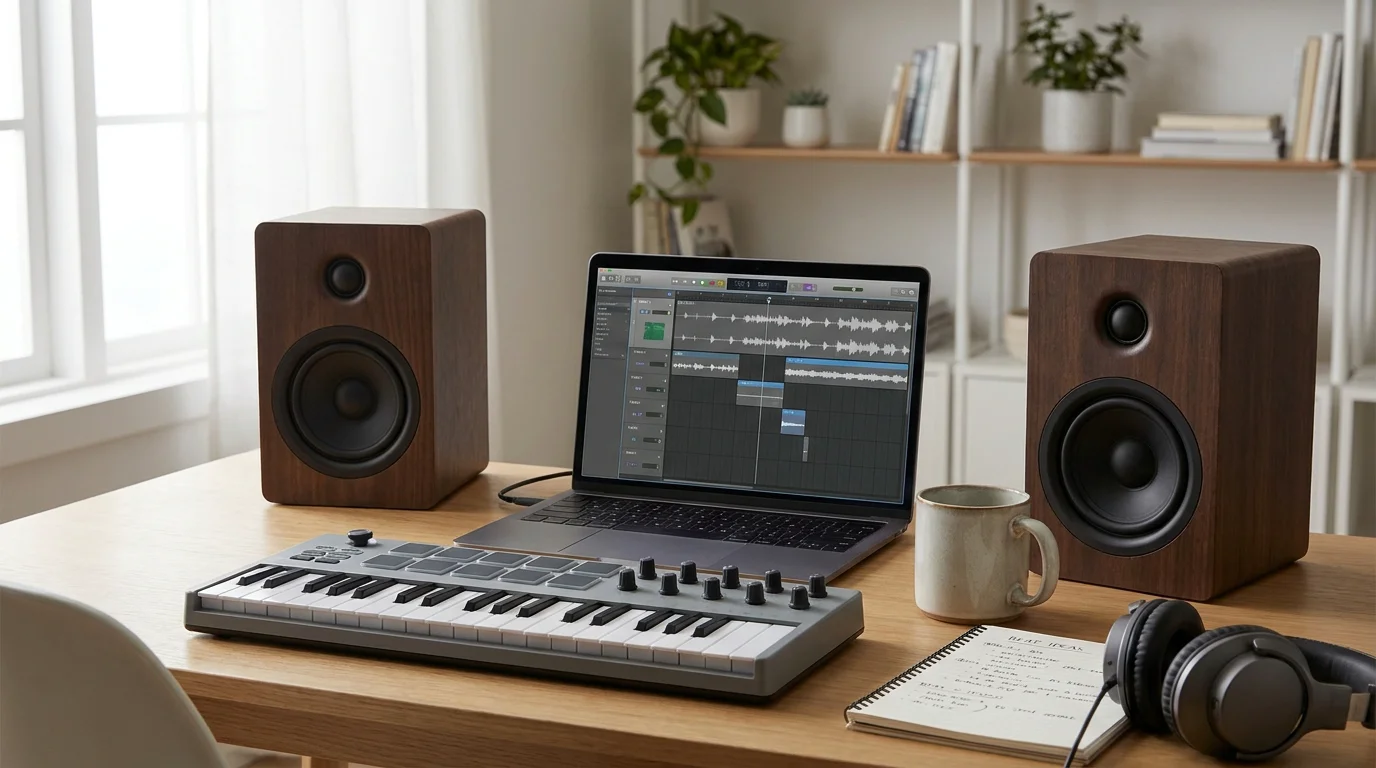 Modern home studio desk with laptop showing a DAW, studio monitors, and a MIDI keyboard