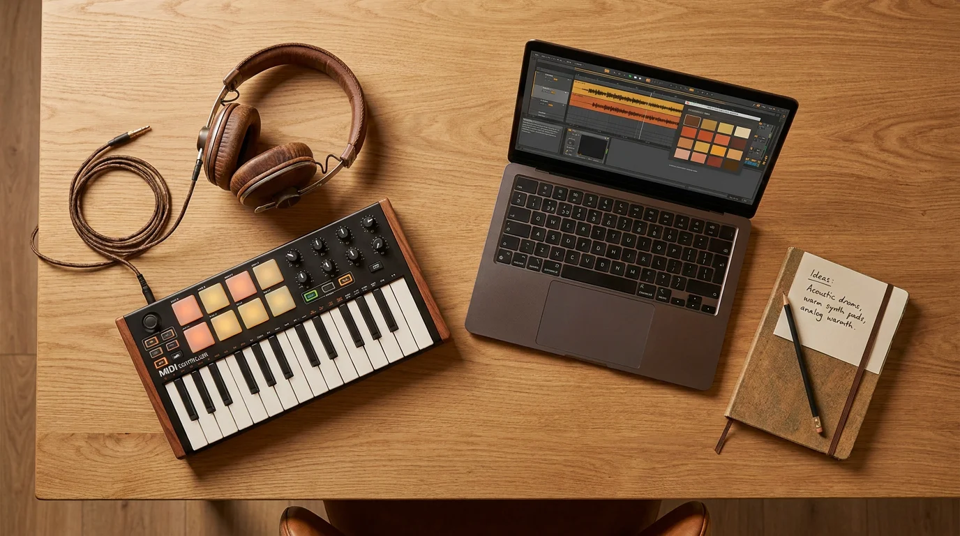 Flat-lay of headphones, MIDI controller, and laptop on a wooden desk for music production