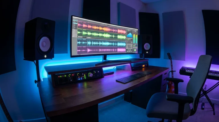 Modern home music production studio with monitor displaying audio waveforms and professional equipment