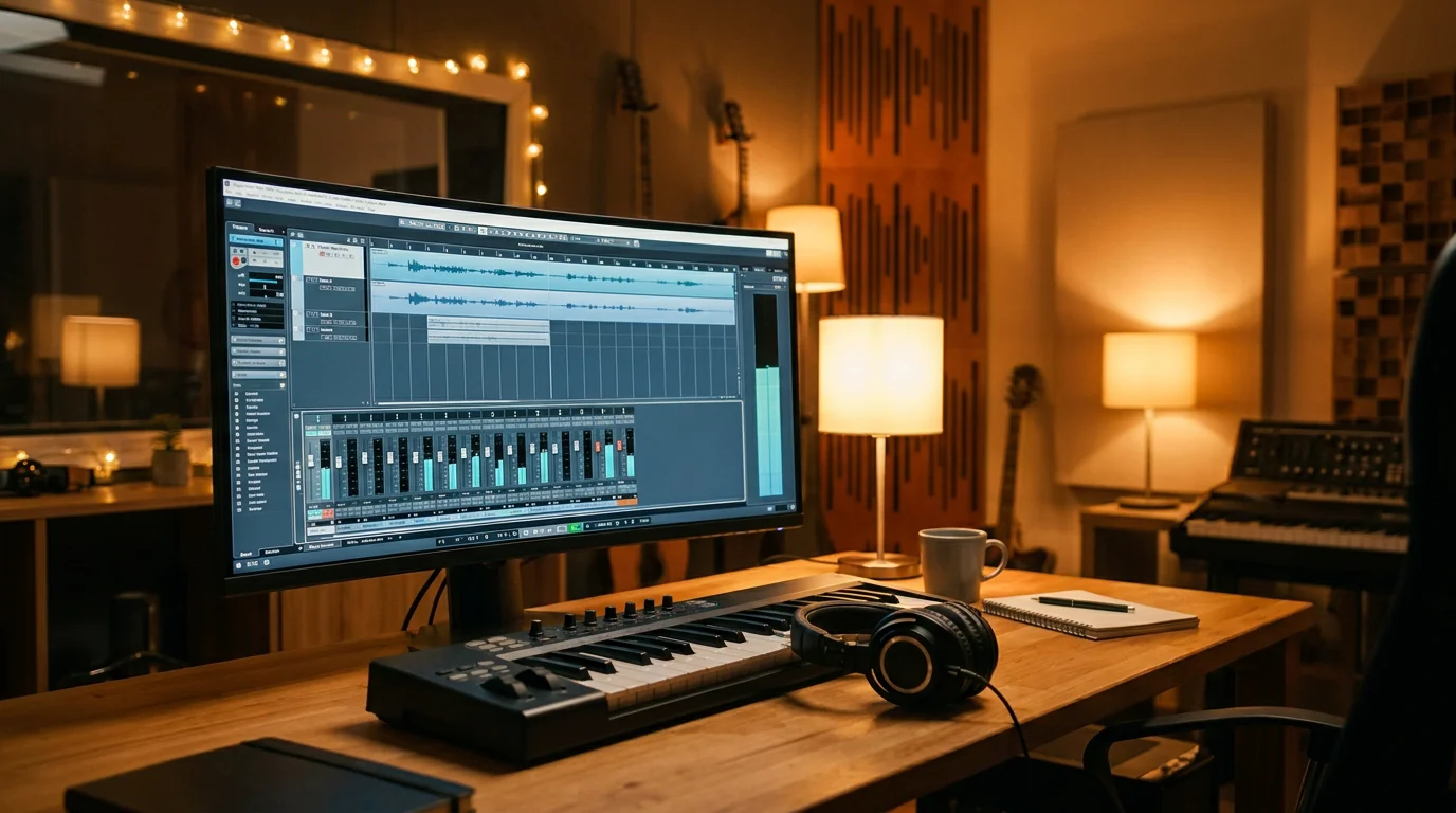 Home music production studio setup with DAW on screen, MIDI keyboard, and studio headphones