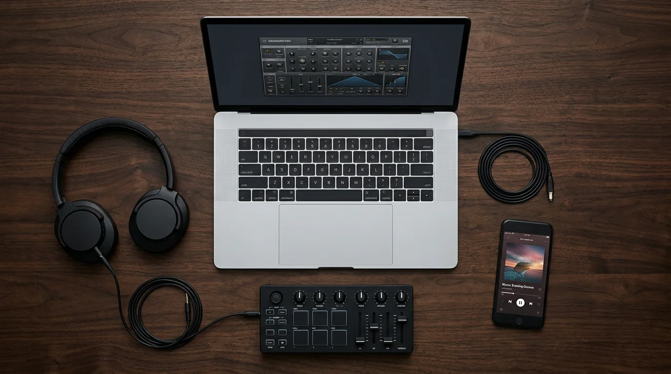 Flat lay of music production gear including laptop with plugin interface, headphones, and MIDI controller