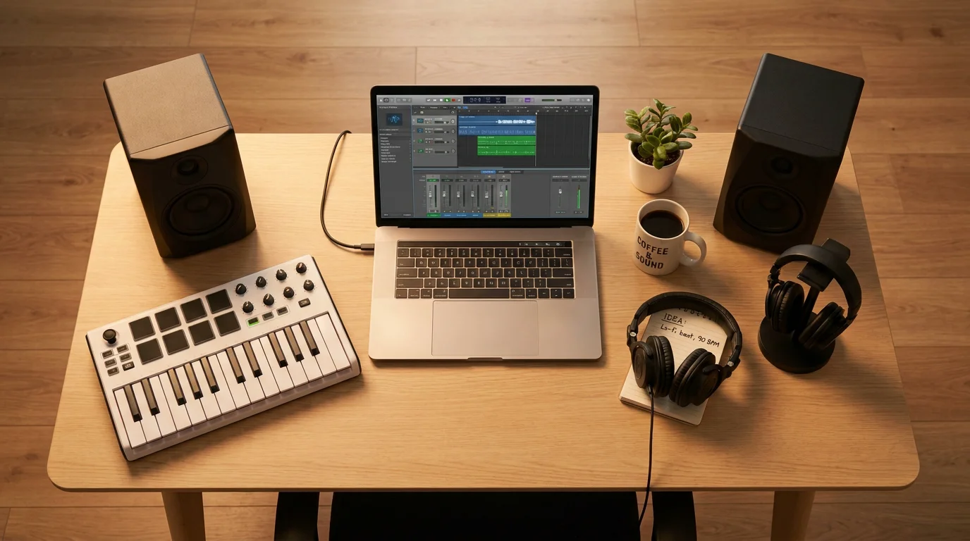 Modern home music production setup with laptop DAW, MIDI keyboard, and studio monitors