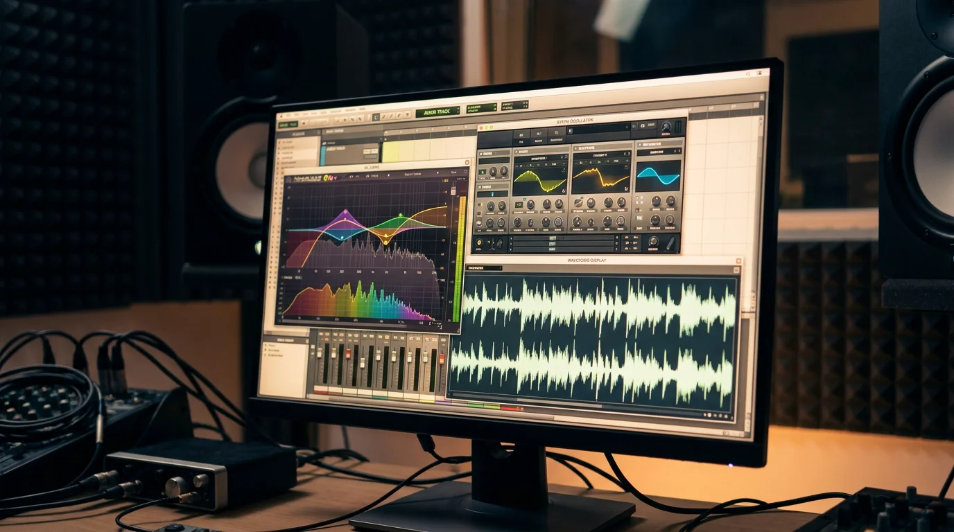 Close-up of a DAW screen with equalizer and synthesizer plugin windows open in a studio