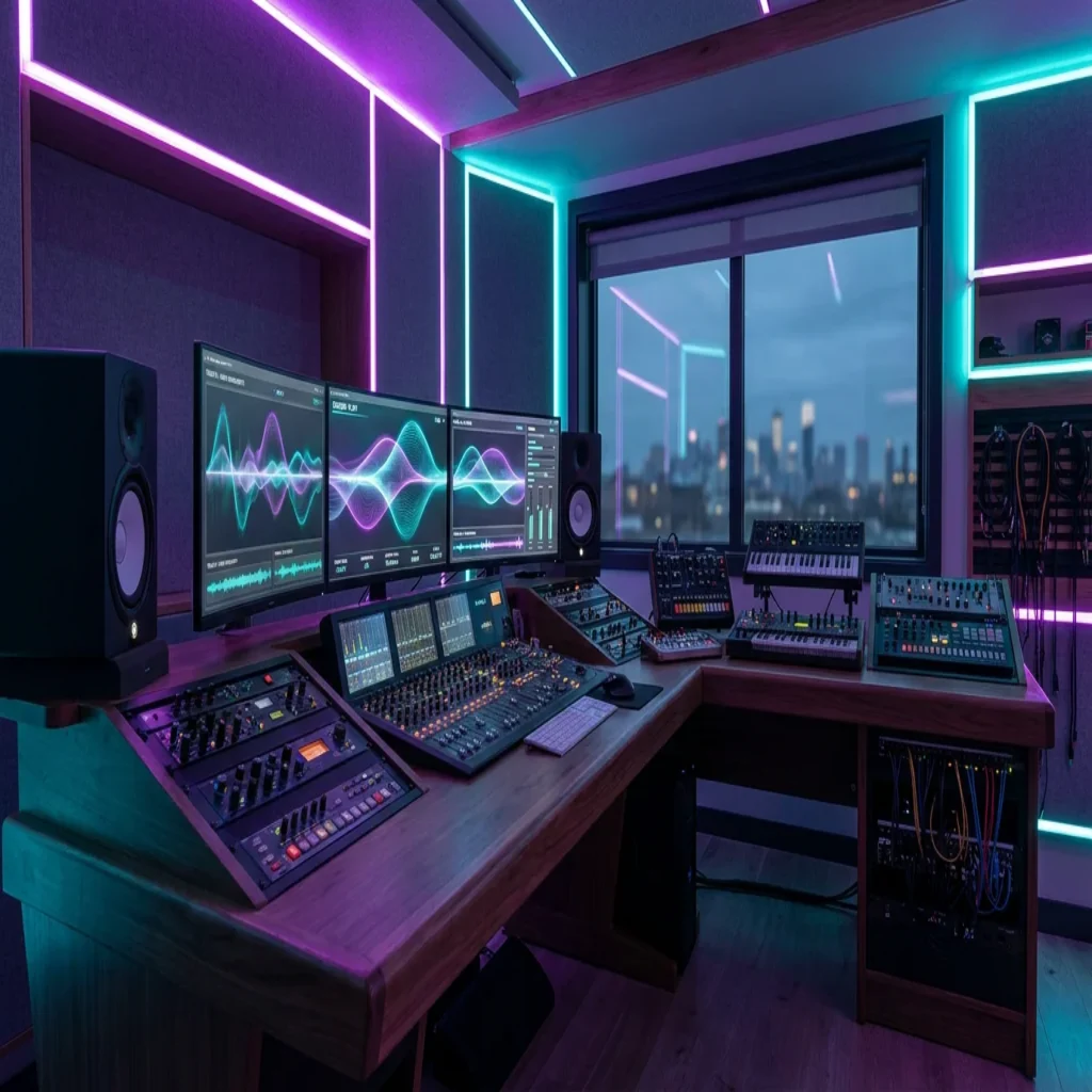 Professional modern music production studio with screens showing waveform interfaces and ambient neon lighting