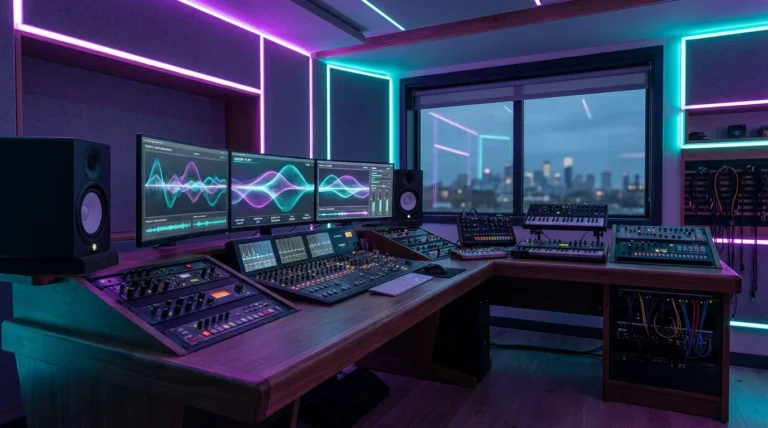 Professional modern music production studio with screens showing waveform interfaces and ambient neon lighting
