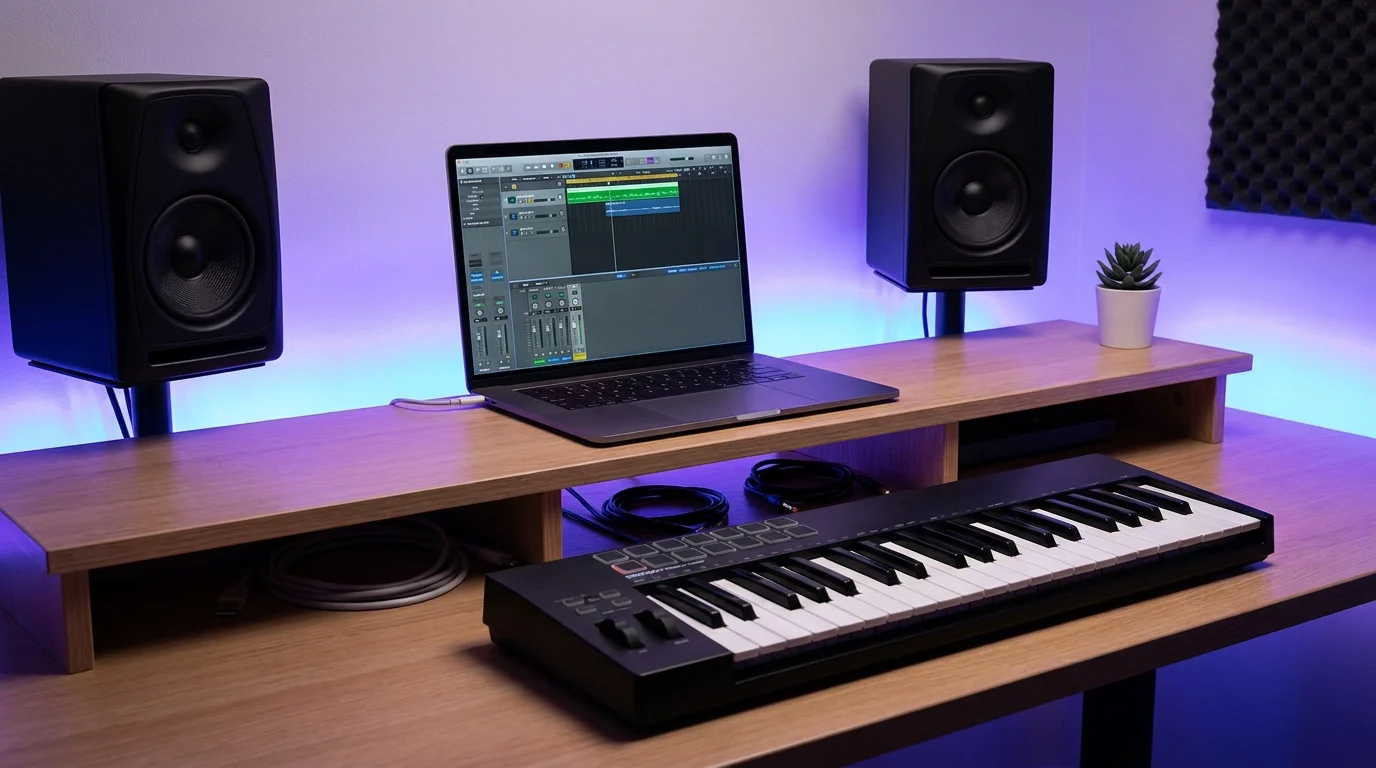 Modern home studio setup with laptop DAW interface, MIDI keyboard, and studio monitors under ambient lighting