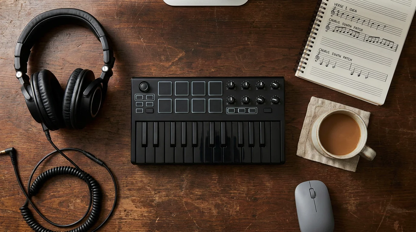 Flat lay of a music producer workspace with headphones, MIDI controller, notepad, and coffee on a dark desk