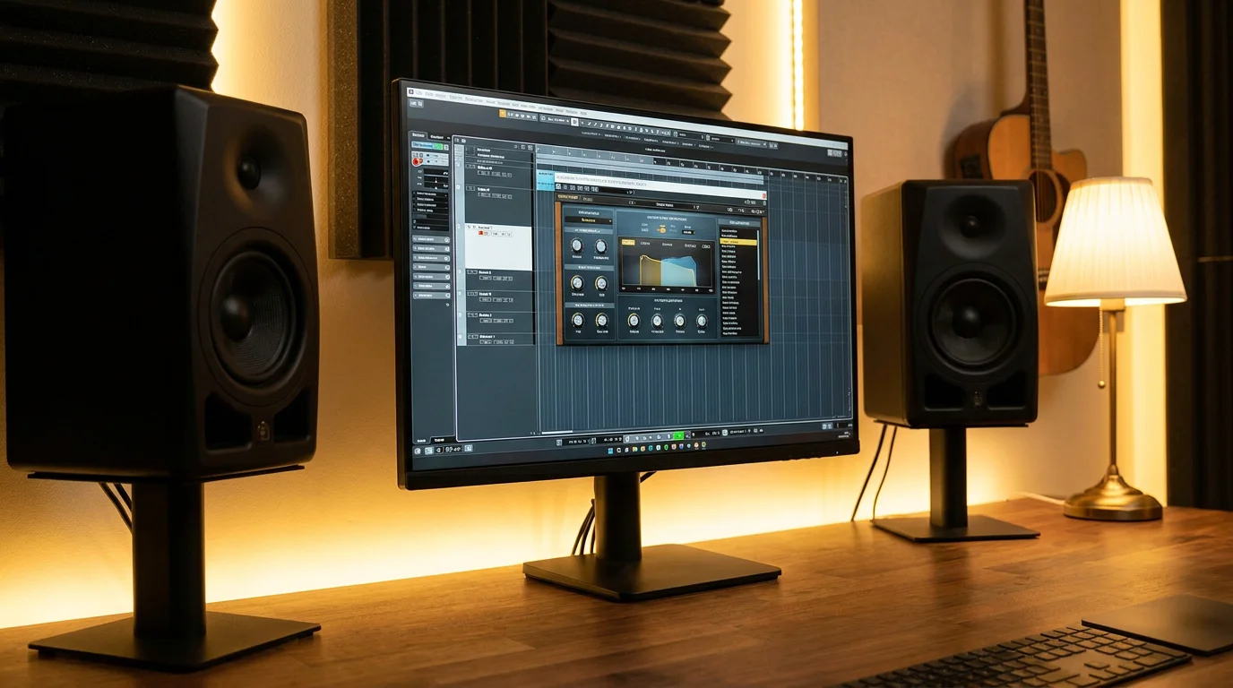 Home studio workstation with reverb plugin open in a DAW session