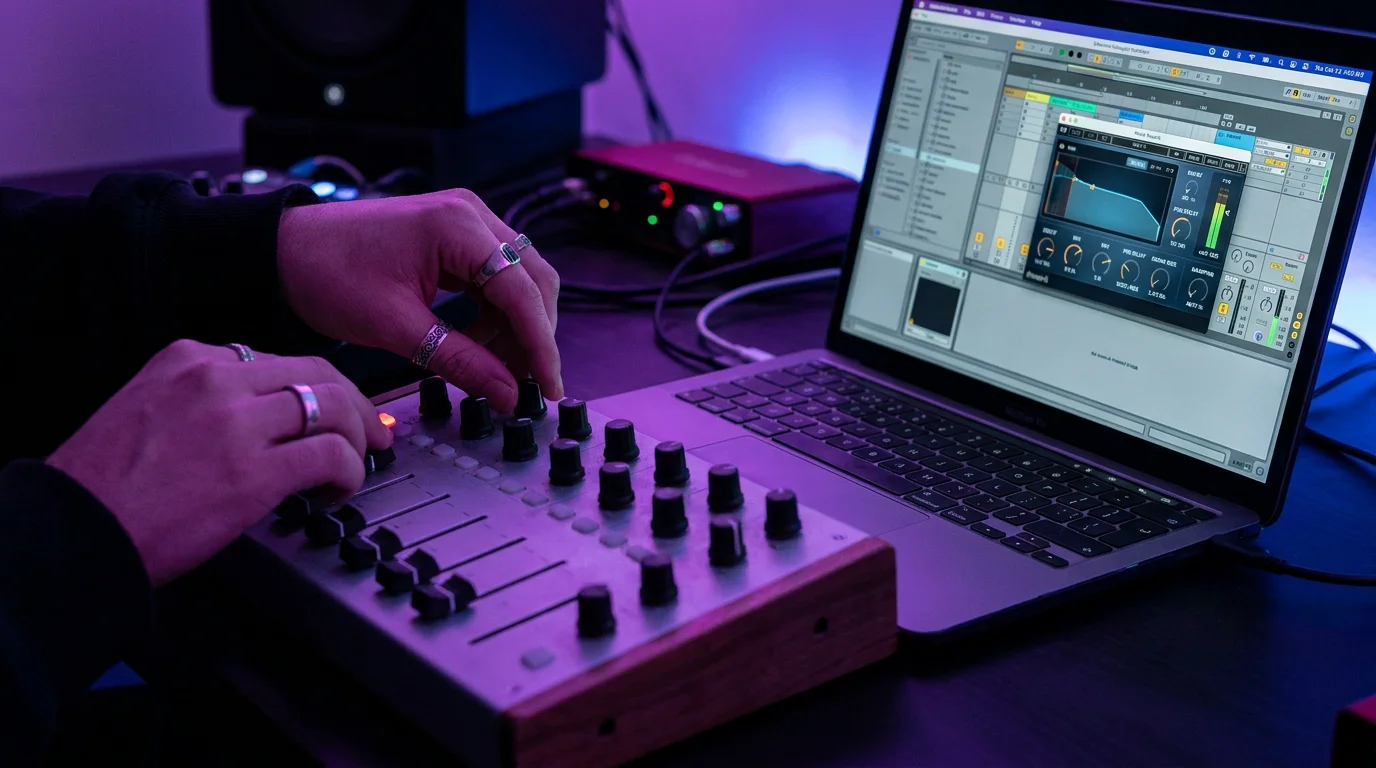 Producer adjusting controls during a music production session with reverb processing