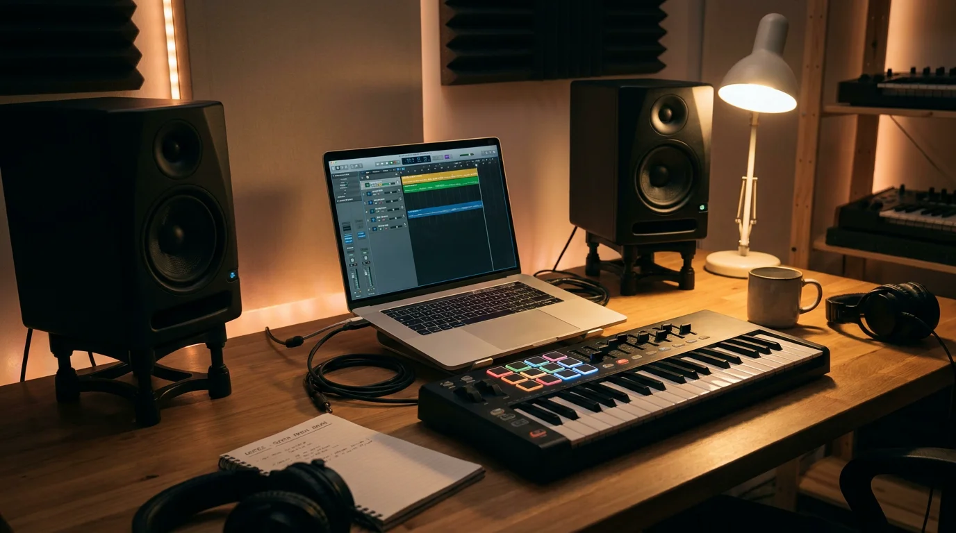 Music producer's home studio setup with DAW, MIDI keyboard, and studio monitors