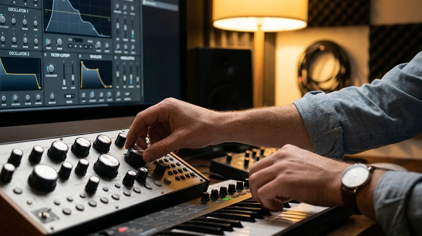 Producer adjusting synthesizer knobs with virtual instrument on screen