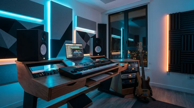 Modern home music studio at night with laptop DAW showing bass frequencies, studio monitors, and MIDI keyboard