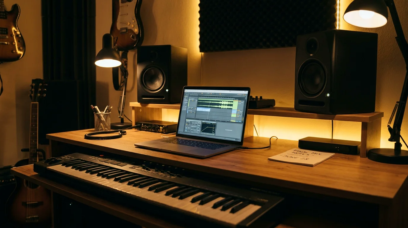 Music producer workstation with laptop DAW, studio monitors, and MIDI keyboard in a modern home studio