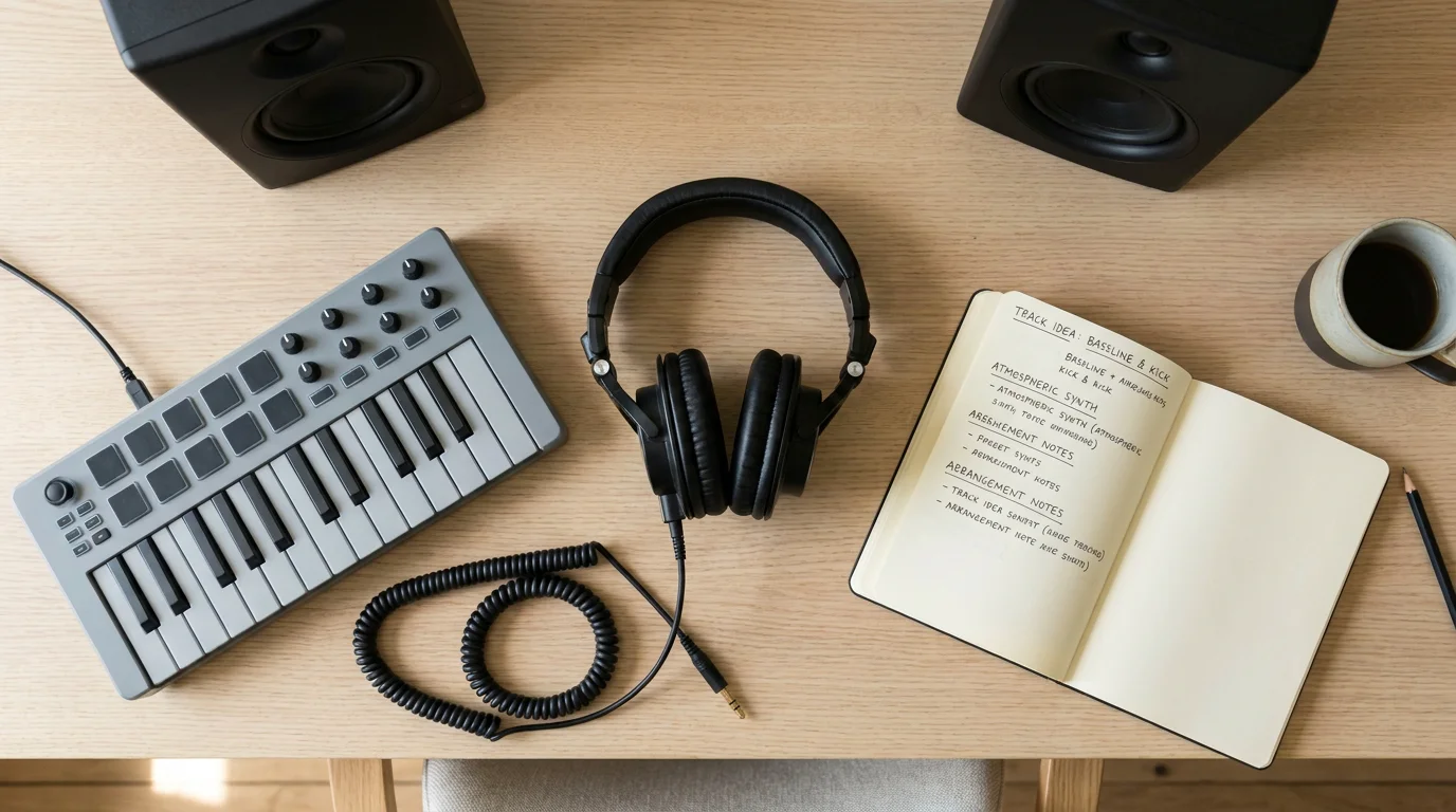 Minimalist music production flat lay with headphones, MIDI controller, and notebook on a wooden desk