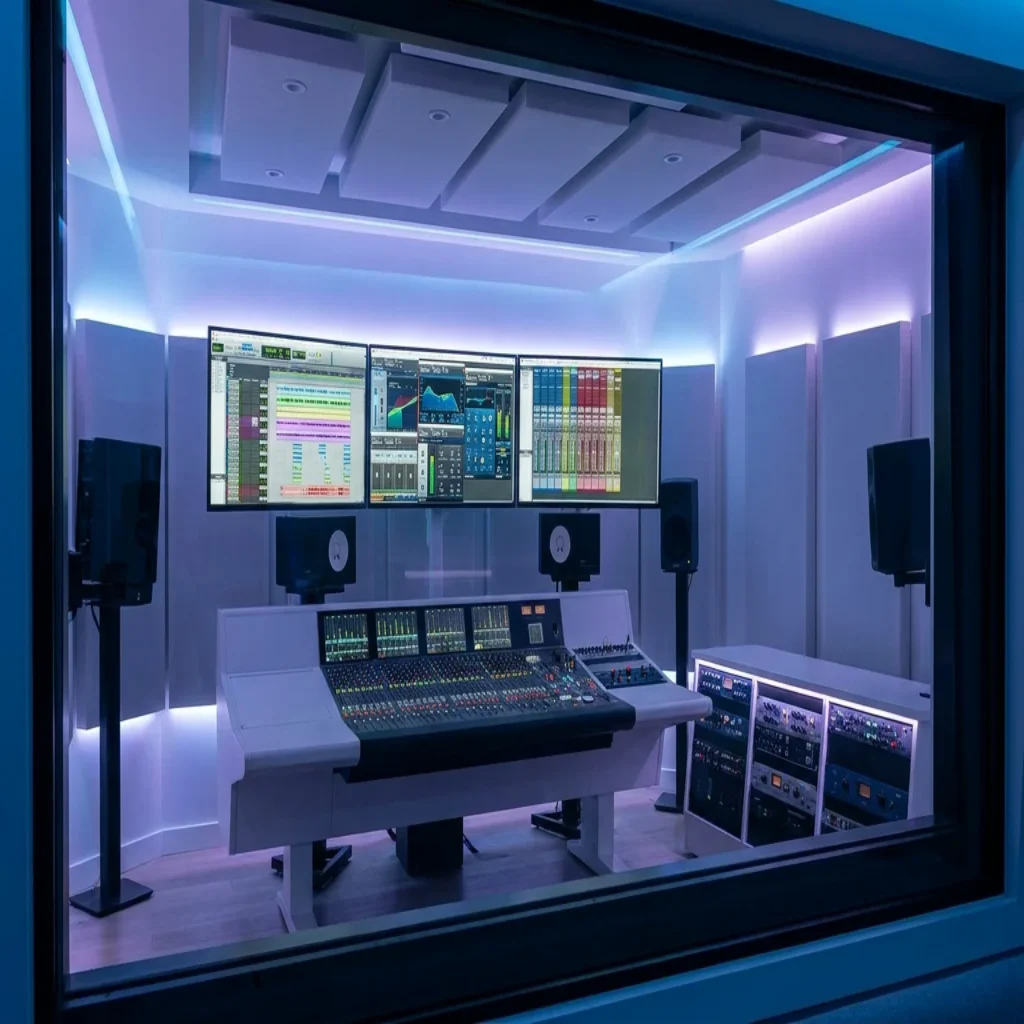 Modern music production studio with monitors displaying VST plugin interfaces