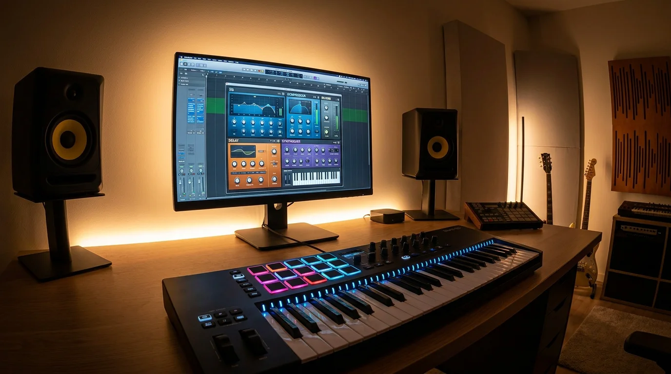 Modern home music studio with a DAW and VST plugin interfaces on screen