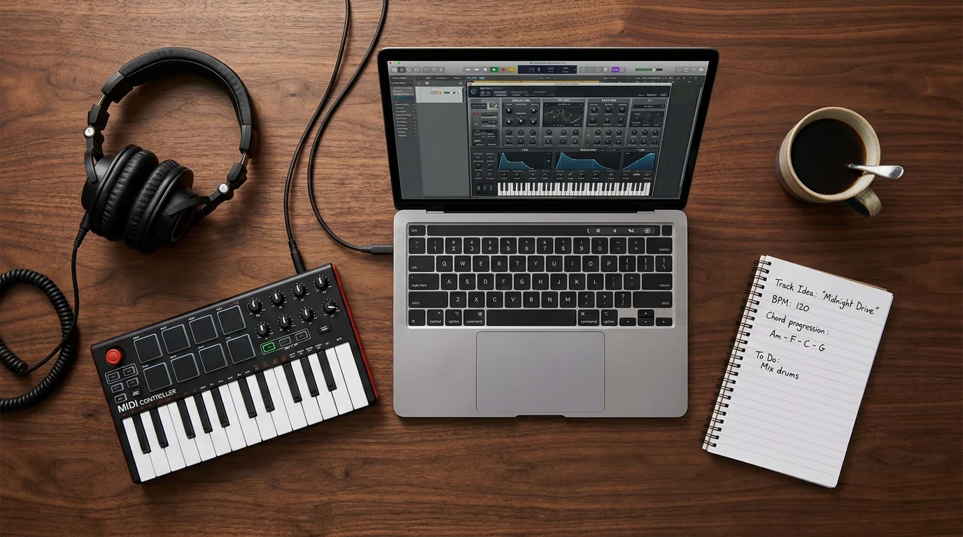 Flat lay of a music producer workspace with headphones, MIDI controller, and laptop showing a synthesizer plugin