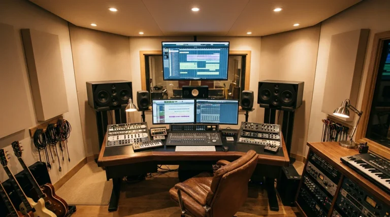 Professional music production studio with orchestral arrangement displayed on monitors
