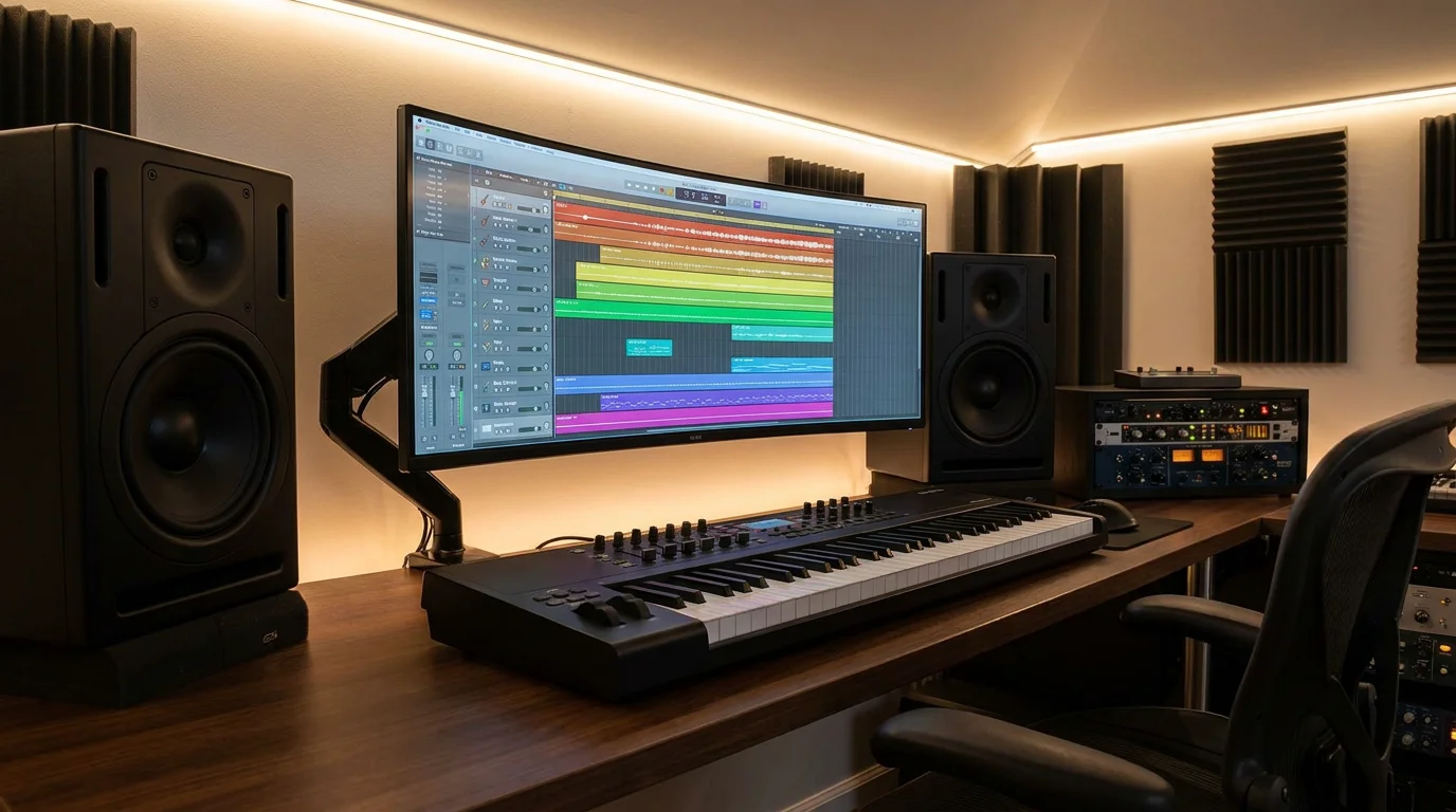 Music production studio with orchestral VST session on screen and MIDI keyboard