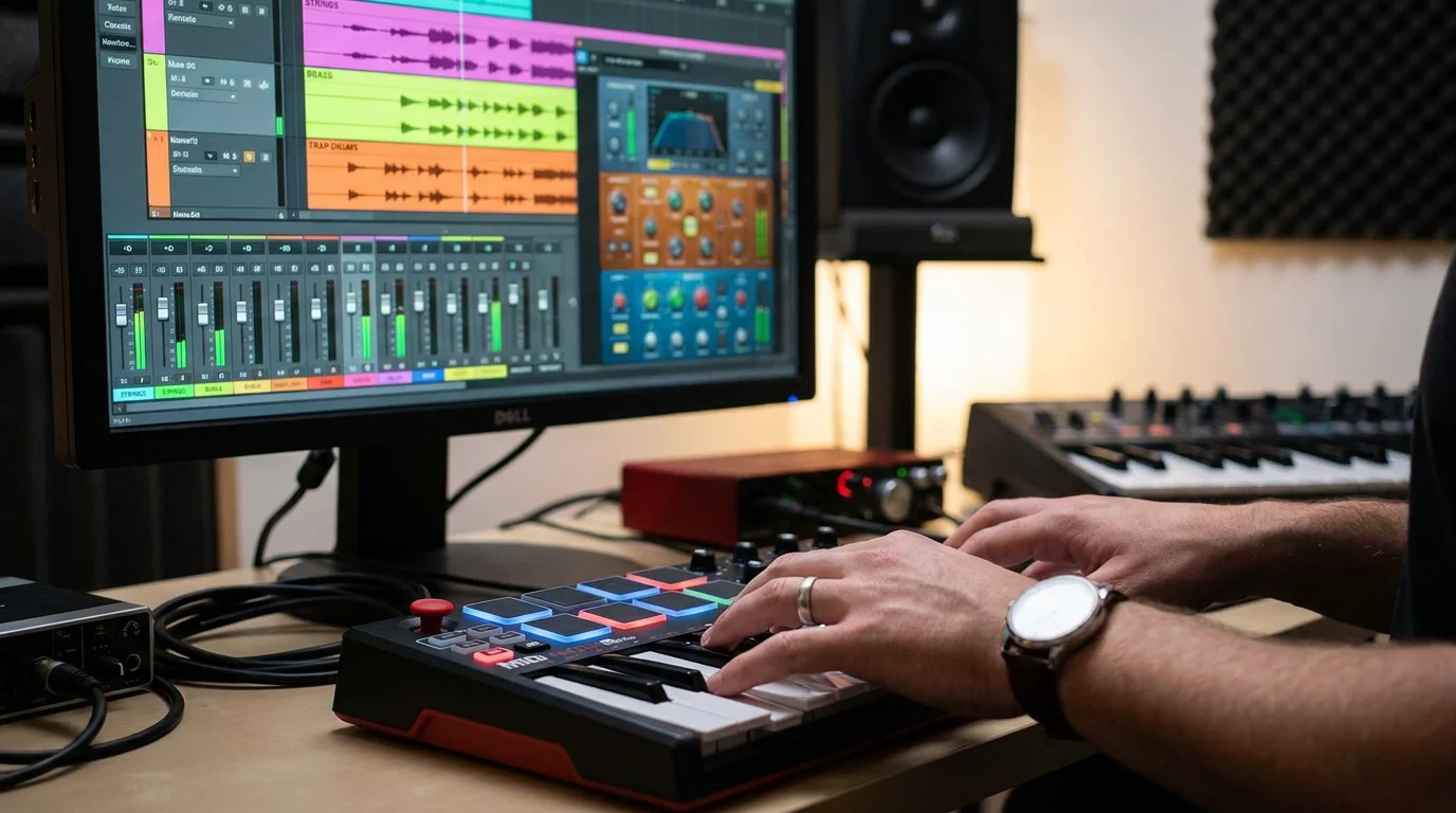 Producer playing MIDI keyboard with orchestral and trap elements visible on DAW screen