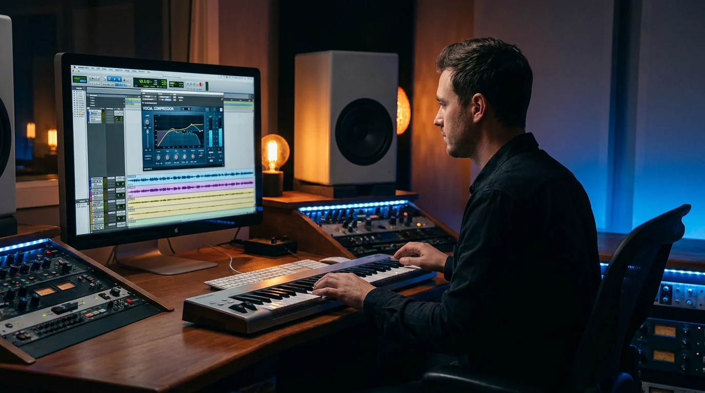 Music producer using a vocal processing plugin in a professional studio setup