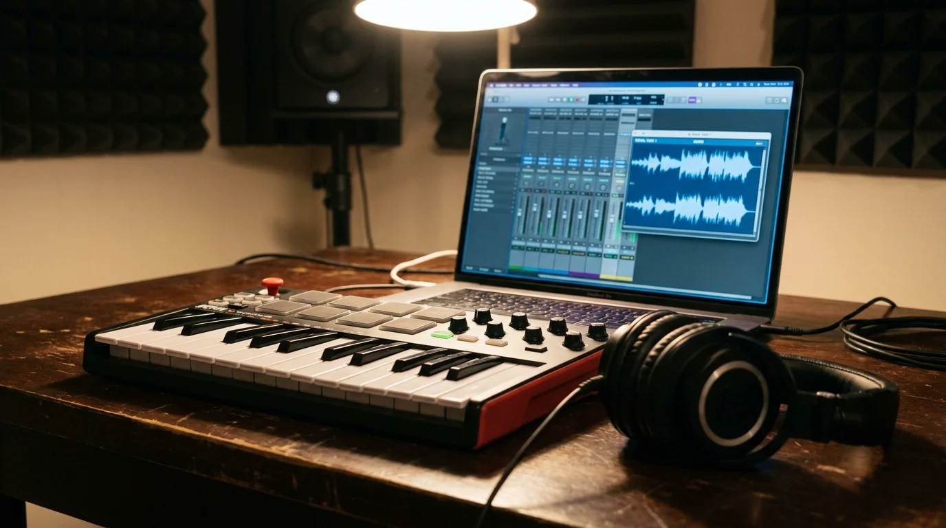 MIDI keyboard and DAW mixer view in a home studio for talkbox vocal production