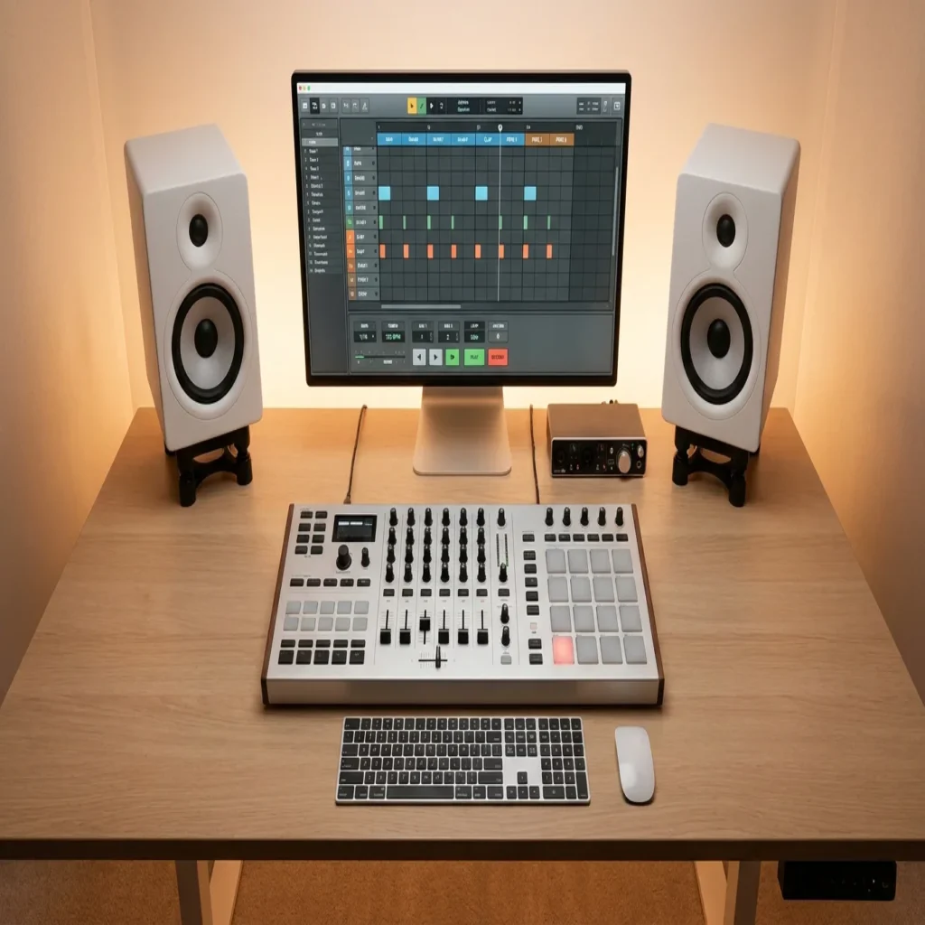 Modern music production studio with MIDI controller and drum pattern on screen