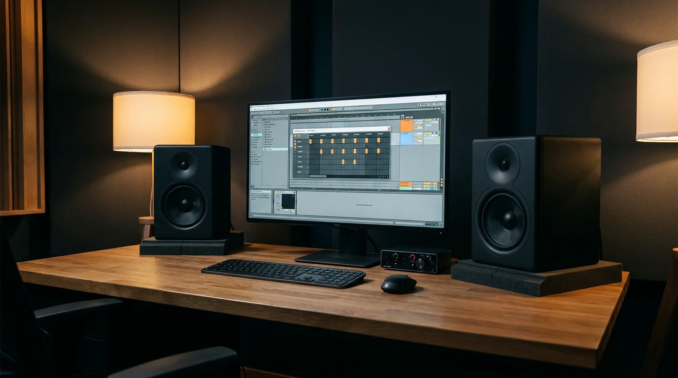 Professional studio setup with a DAW drum sequencer on screen