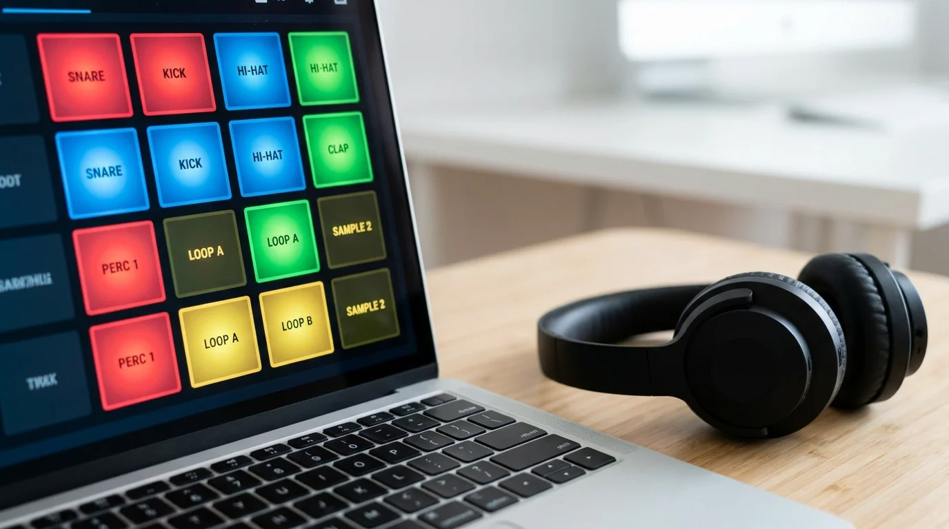 Laptop displaying a drum pad VST interface with headphones on a minimal desk