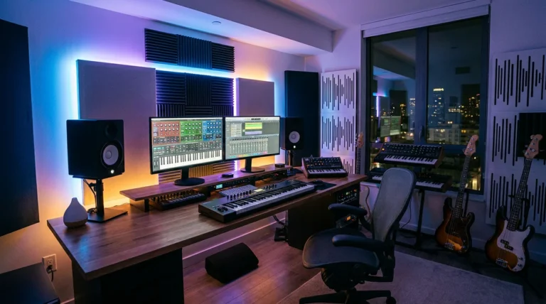 Modern home music studio with dual monitors displaying synthesizer and mixer plugin interfaces